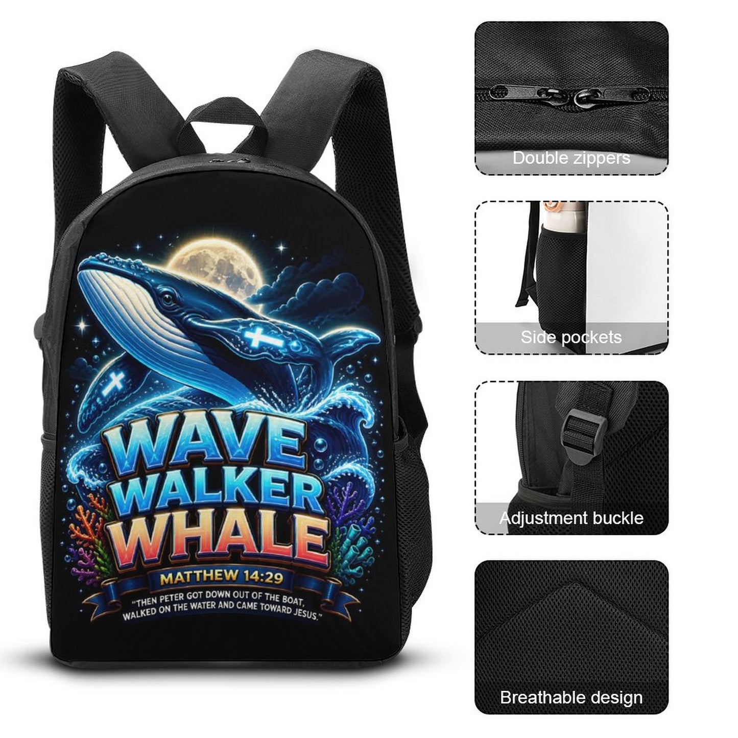 Wave Walker Whale Christian 3 PCS Bag Set (Backpack, Lunch Bag and Pencil Case) - ClaimedbyGodDesigns