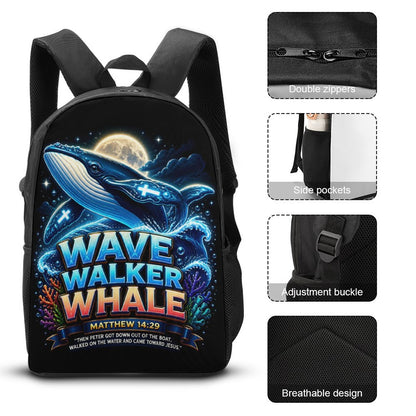 Wave Walker Whale Christian 3 PCS Bag Set (Backpack, Lunch Bag and Pencil Case) - ClaimedbyGodDesigns