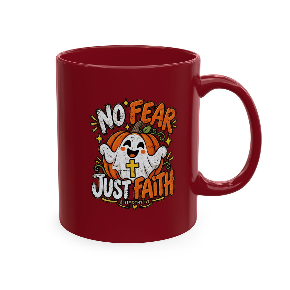 Halloween Ghost Christian Ceramic Mug — "No Fear, Just Faith" Pumpkin Coffee Cup