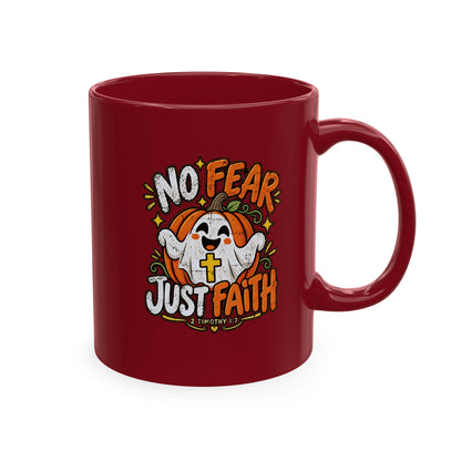 Halloween Ghost Christian Ceramic Mug — "No Fear, Just Faith" Pumpkin Coffee Cup