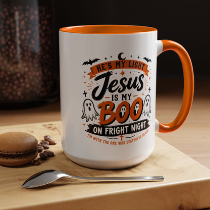 Christian Coffee Mug — "He's My Light, Jesus Is My Boo" Halloween Accent Mug