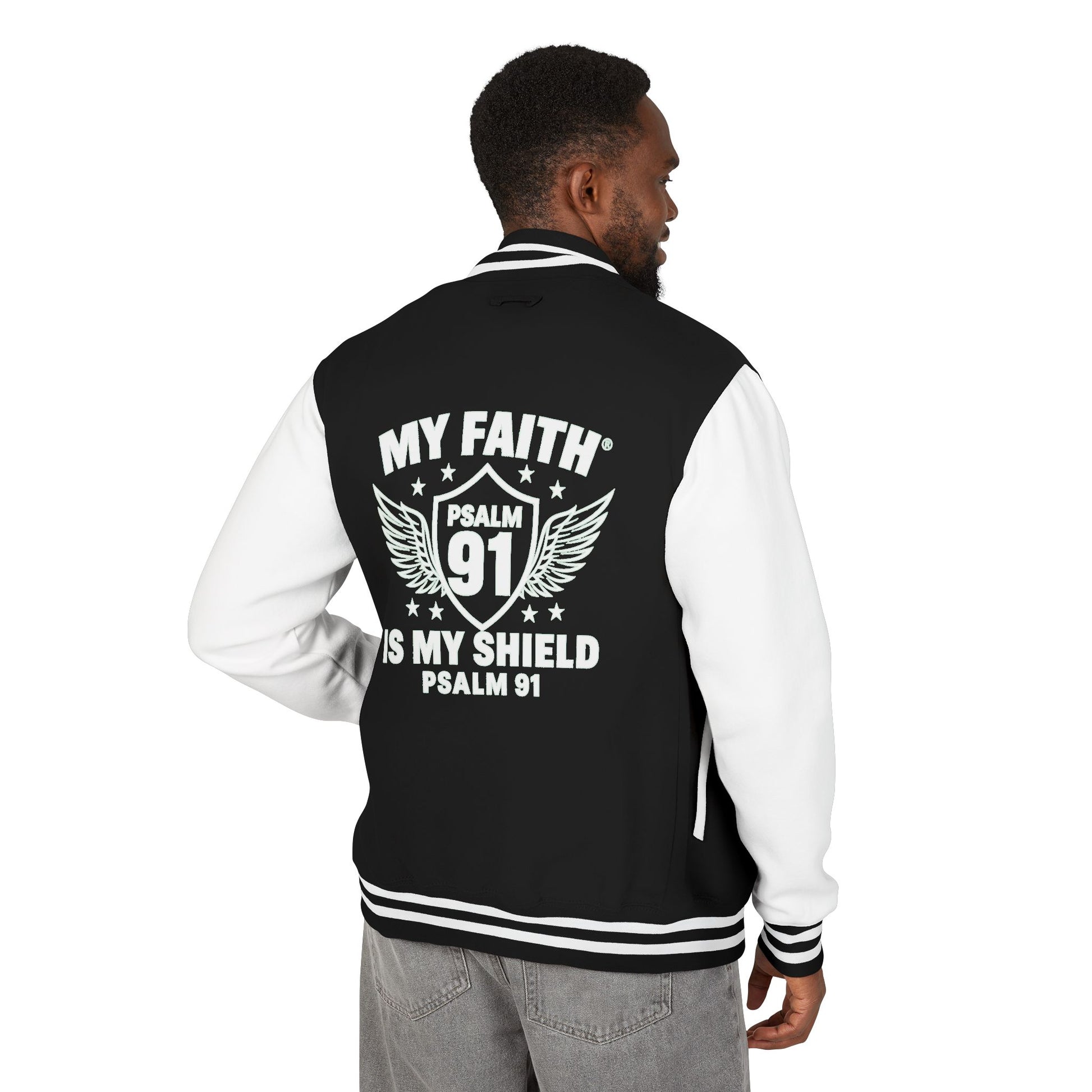 Letterman Jacket — “My Faith Is My Shield” 91 Vintage Varsity Jacket - ClaimedbyGodDesigns