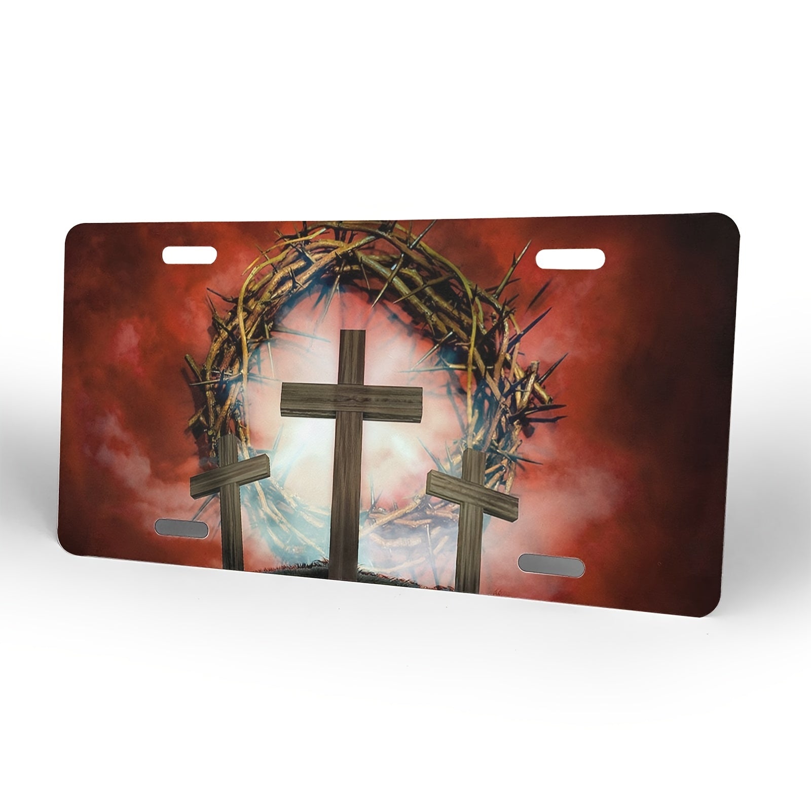 Three Cross Crown of Thorns Christian Front License Plate claimedbygoddesigns