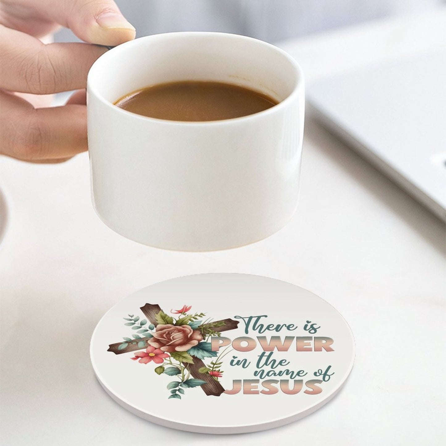 There Is Power In His Name Christian Round Ceramic Coaster - ClaimedbyGodDesigns
