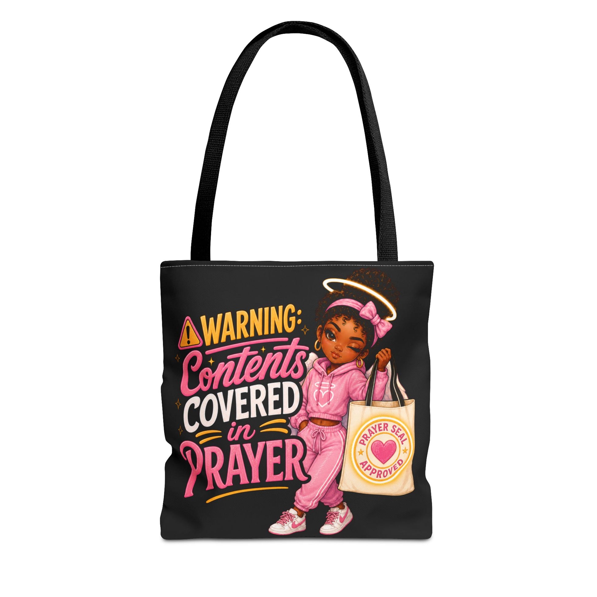 Tote Bag — "Warning: Contents Covered in Prayer" Pink Faith Tote - ClaimedbyGodDesigns