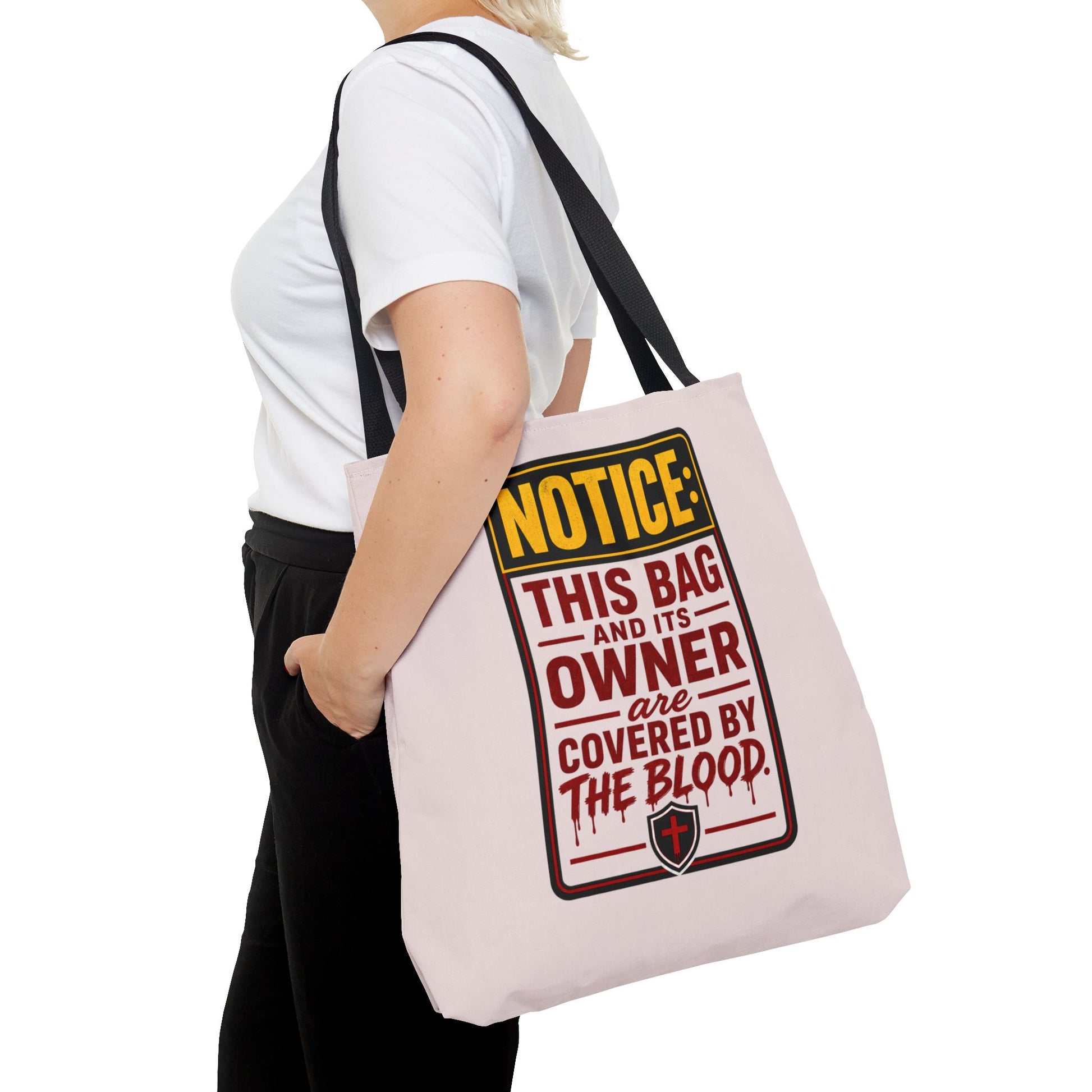 Tote Bag — "NOTICE: This Bag and Its Owner Are Covered by the Blood" Christian Faith Tote - ClaimedbyGodDesigns