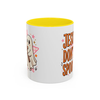 Accent Coffee Mug — "Jesus Don't Spook!" Cute Ghost Christian Coffee Mug (11/15oz)