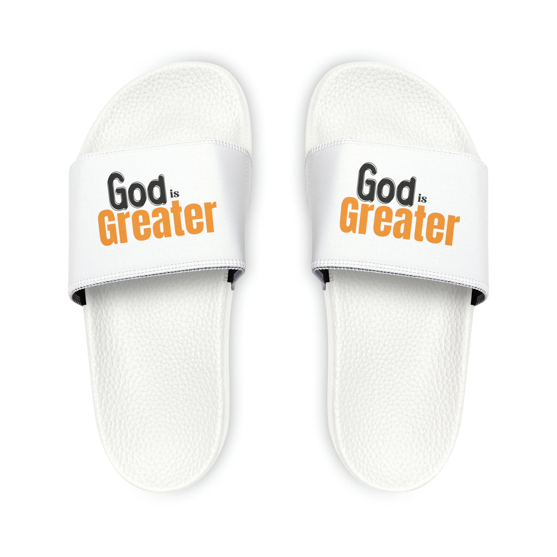 God Is Greater Women's PU Christian Slide Sandals Printify