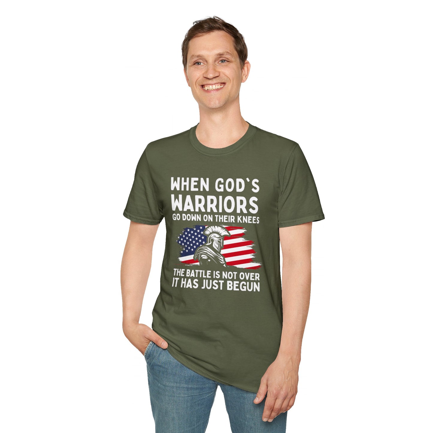 When God's Warriors Go Down On Their Knees The Battle Is Not Over Patriotic American Flag Christian Unisex T-shirt