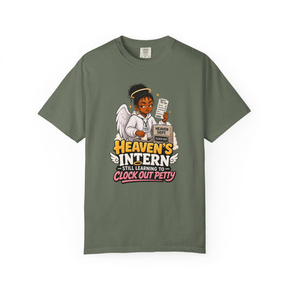 Heaven's Intern T-shirt – Funny Angel Nurse Tee ('Still Learning to Clock Out Petty') - ClaimedbyGodDesigns