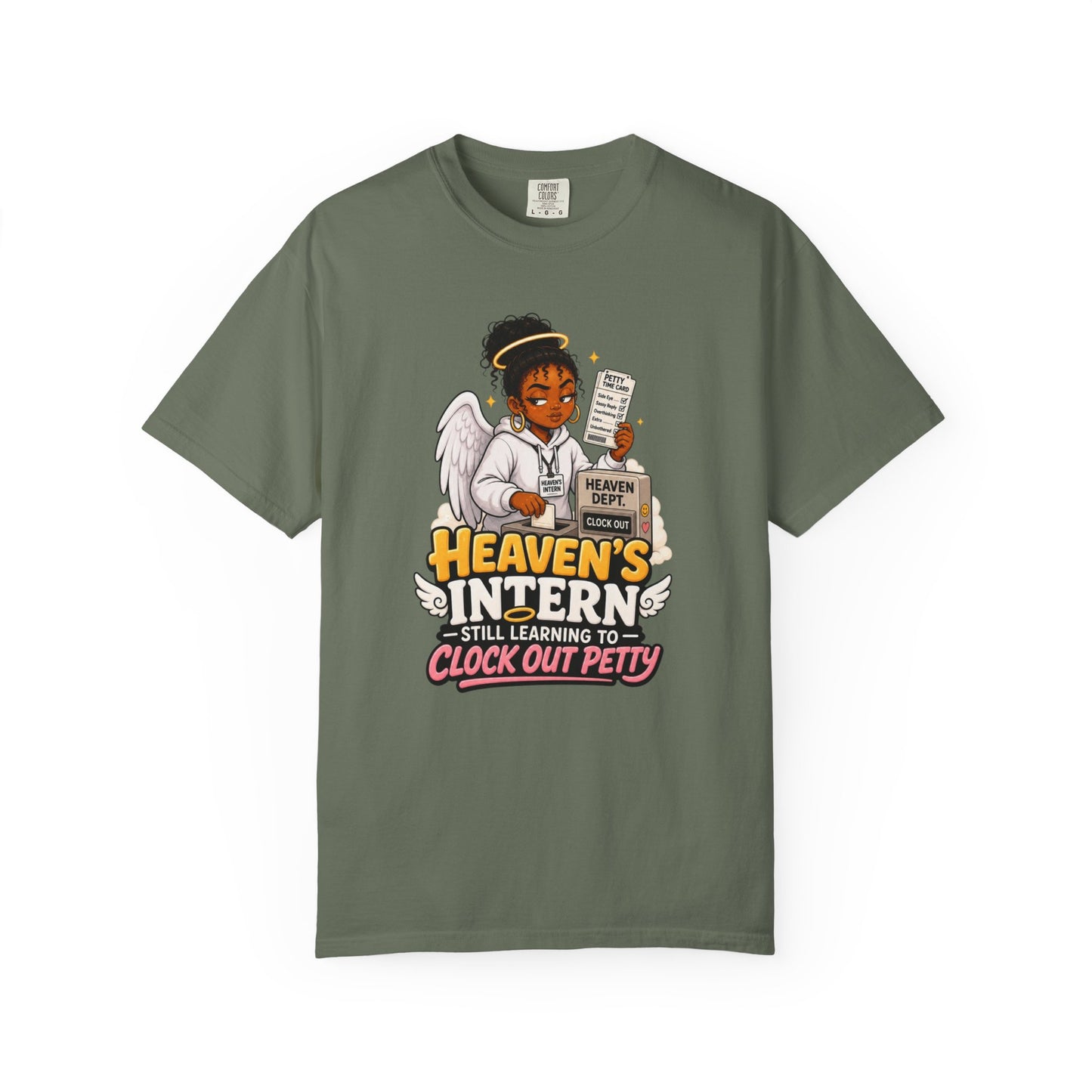 Heaven's Intern T-shirt – Funny Angel Nurse Tee ('Still Learning to Clock Out Petty')