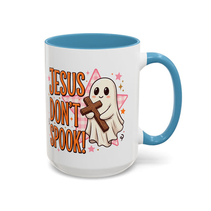 Accent Coffee Mug — "Jesus Don't Spook!" Cute Ghost Christian Coffee Mug (11/15oz)