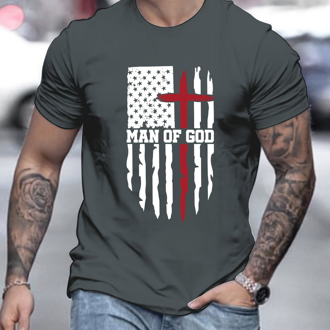 Man Of God Patriotic American Flag Men's Christian T-shirt claimedbygoddesigns