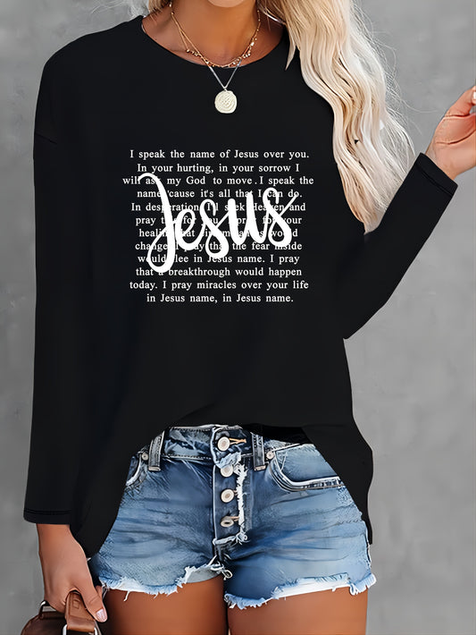 Jesus Letter Print T-shirt, Casual Long Sleeve Crew Neck Top, Women's Clothing claimedbygoddesigns