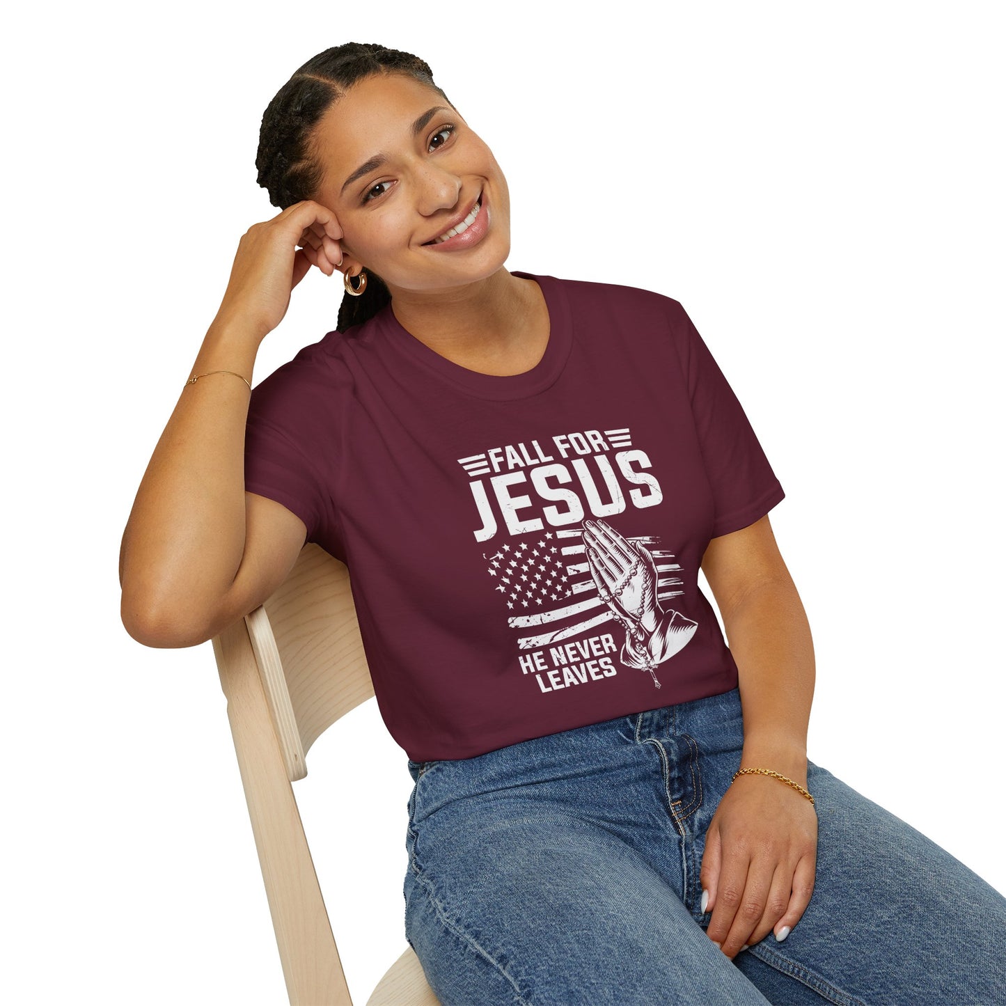 Fall For Jesus He Never Leaves American Patriotic Christian Unisex T-shirt