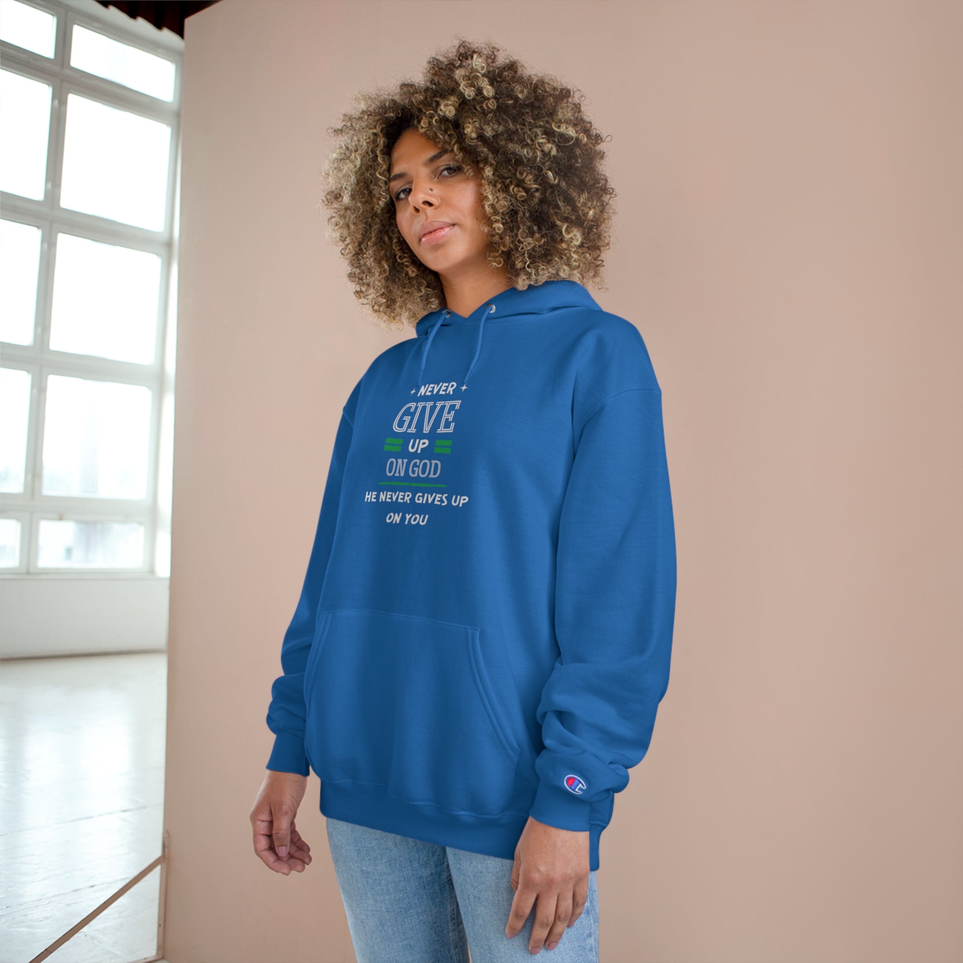 Never Give Up On God He Never Gives Up On You Unisex Champion Hoodie Printify