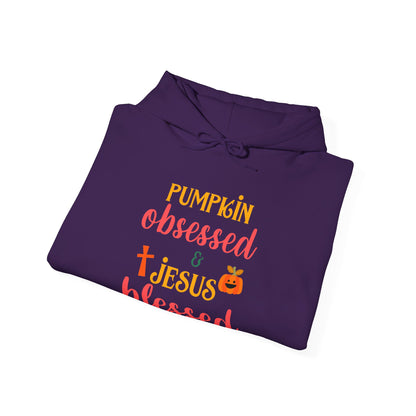 Pumpkin Obsessed And Blessed by Him Halloween Unisex Christian Pullover Hooded Sweatshirt