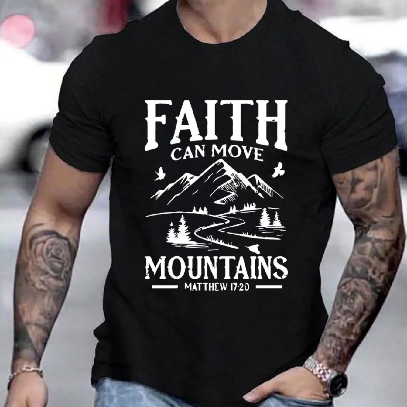 FAITH CAN MOVE MOUNTAINS MEN'S CHRISTIAN T-SHIRT claimedbygoddesigns