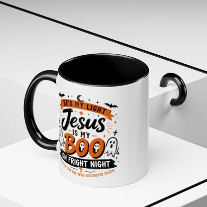 Christian Coffee Mug — "He's My Light, Jesus Is My Boo" Halloween Accent Mug