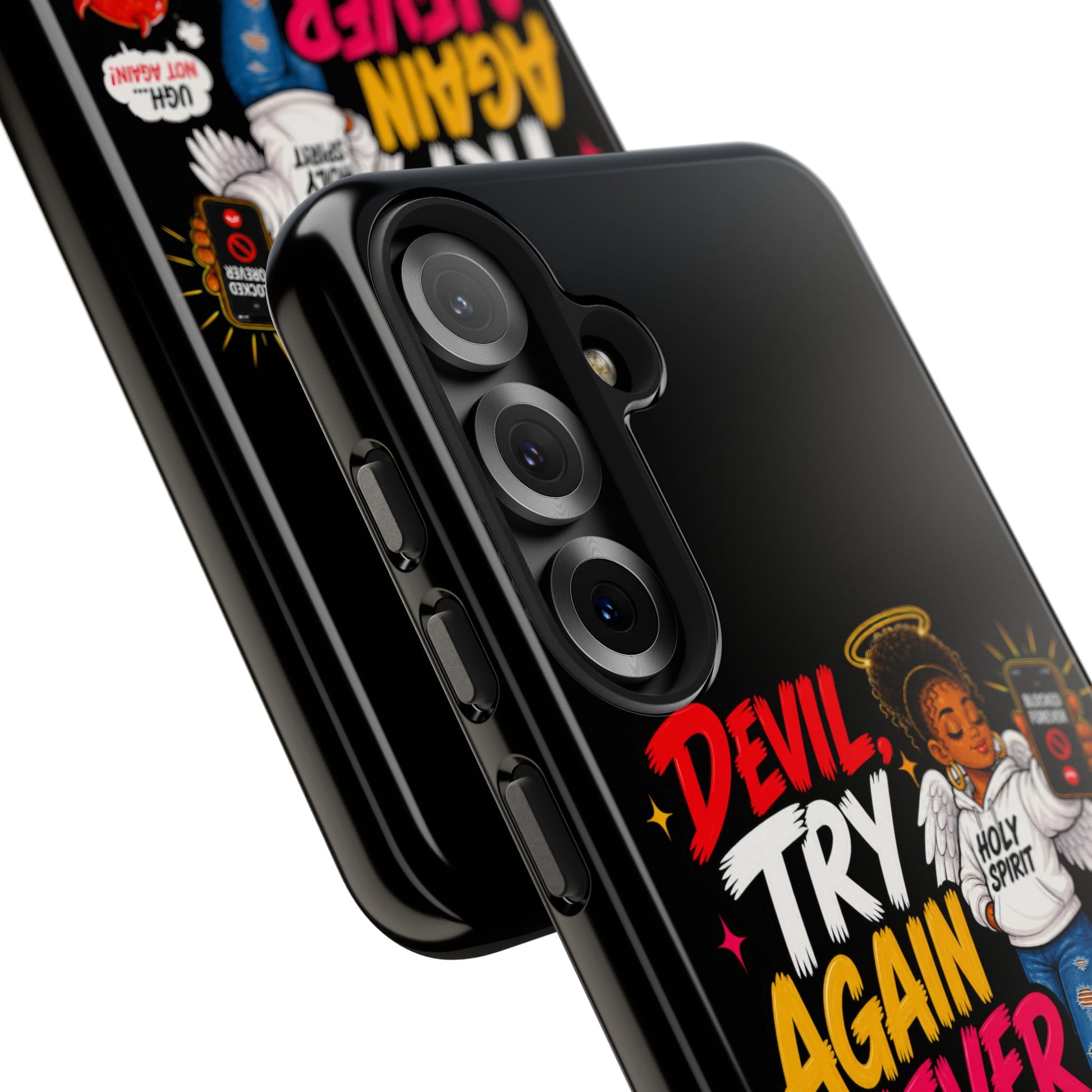 Phone Case — "Devil Try Again Never" Christian Graphic Tough Phone Case - ClaimedbyGodDesigns
