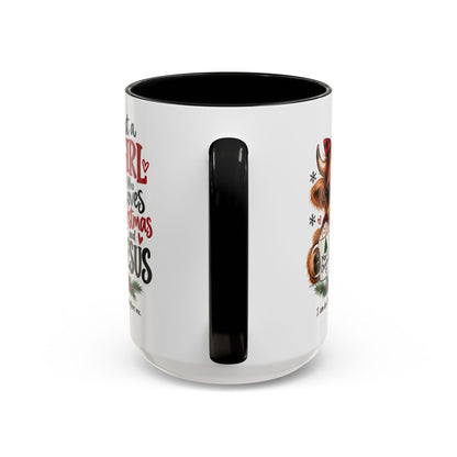Just a Girl Who Loves Christmas and Jesus Highland Cow Coffee Mug