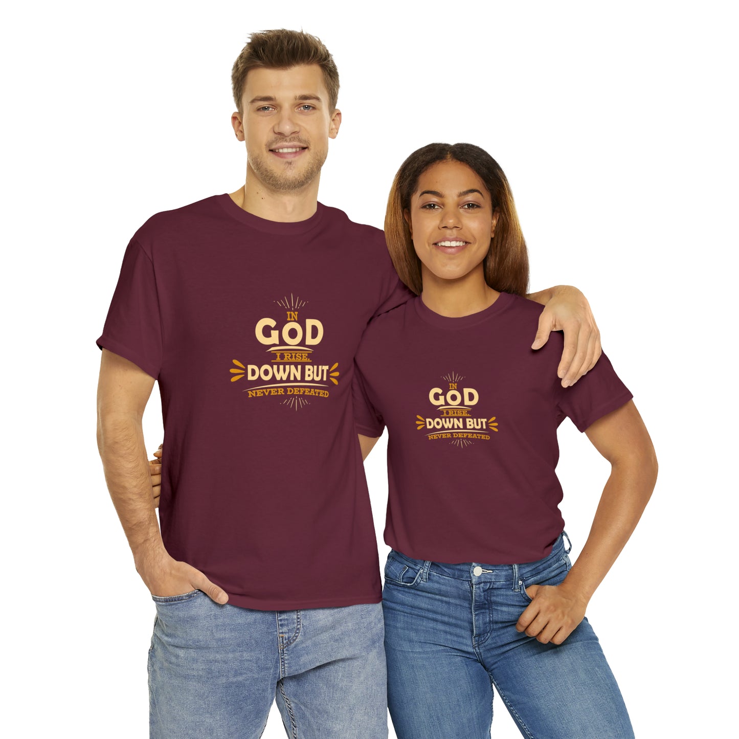 In God I Rise Down But Never Defeated  Unisex Heavy Cotton Tee