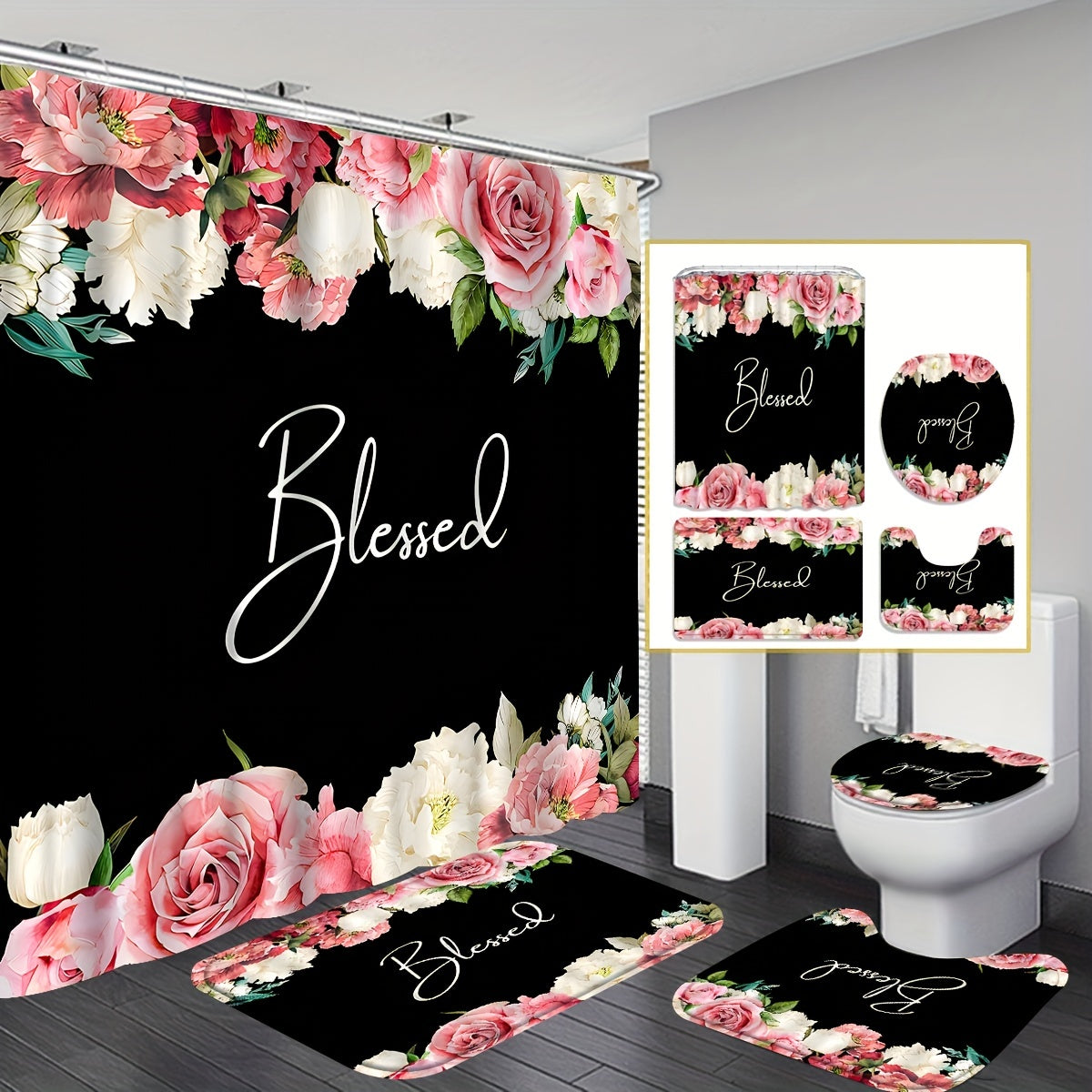 Blessed Christian Shower Curtain or Set With 12 Hooks, Bathroom Rug, Toilet U-Shape Mat, Toilet Lid Cover Pad 70.8x70.8in claimedbygoddesigns