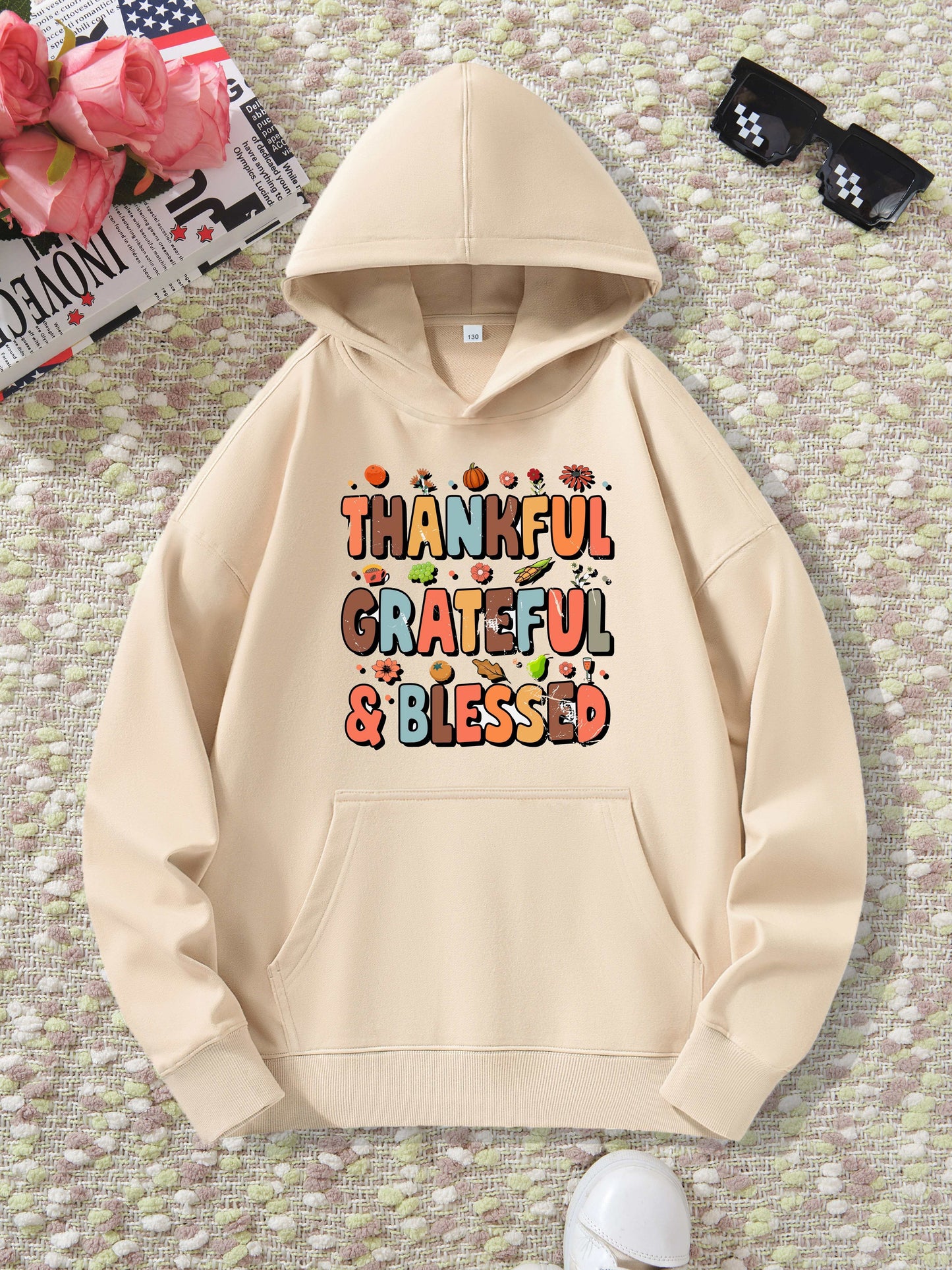THANKFUL GRATEFUL BLESSED (thanksgiving themed) Youth Christian Pullover Hooded Sweatshirt claimedbygoddesigns