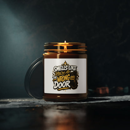 Scented Soy Candle — "Smells Like Someone Took the Wrong Door" Amber Jar