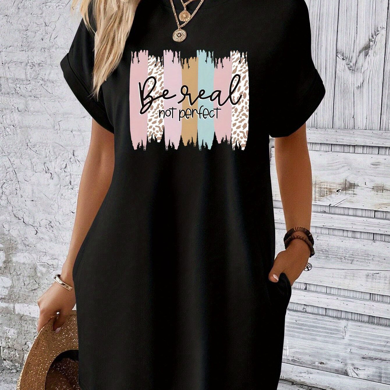 Be Real Not Perfect (pattern) Women's Christian T-shirt Casual Dress claimedbygoddesigns