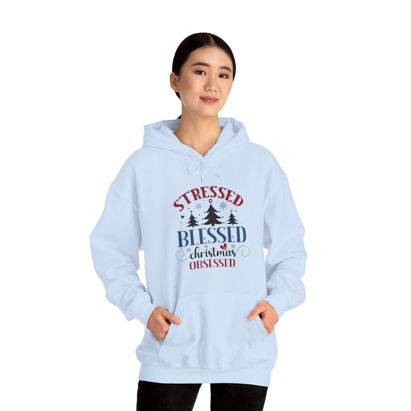 Stressed Blessed Christmas Obsessed Unisex Christian Hooded Pullover Sweatshirt