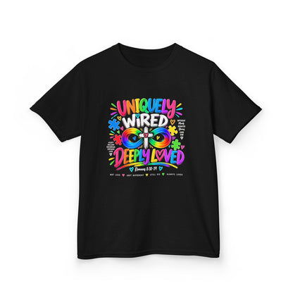 Youth Autism Awareness T-Shirt — "Uniquely Wired, Deeply Loved" Colorful Autism Pride Tee