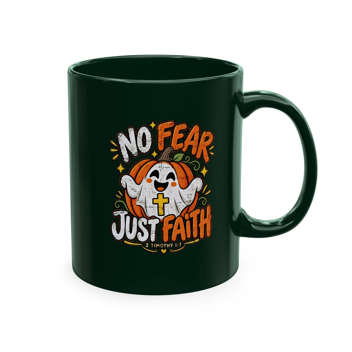 Halloween Ghost Christian Ceramic Mug — "No Fear, Just Faith" Pumpkin Coffee Cup