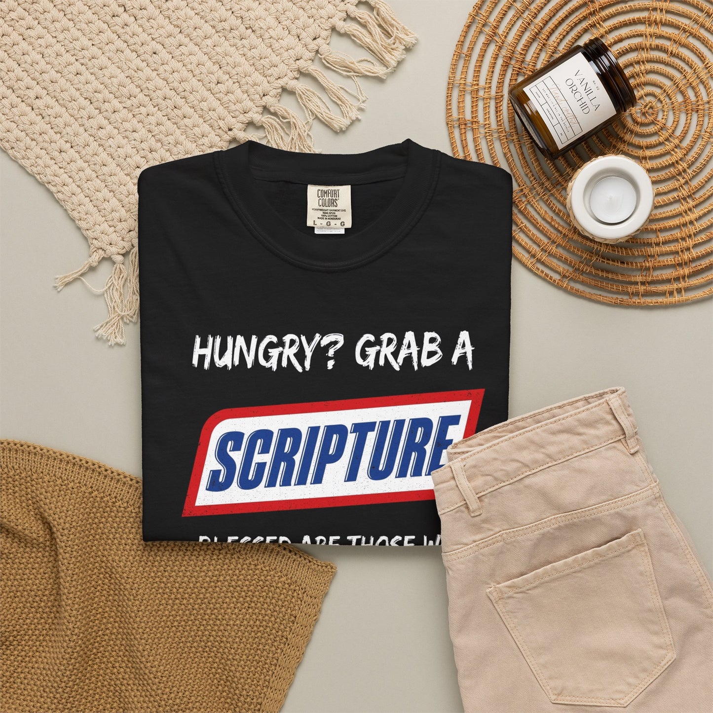Scripture Snack T-Shirt — "Hungry? Grab a Scripture" Matthew 5:6 Christian Tee