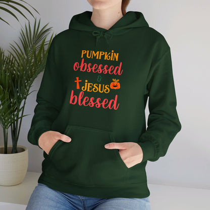 Pumpkin Obsessed And Blessed by Him Halloween Unisex Christian Pullover Hooded Sweatshirt