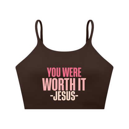 You Were Worth It Women's Christian Spaghetti Strap Yoga Sports Bra - ClaimedbyGodDesigns