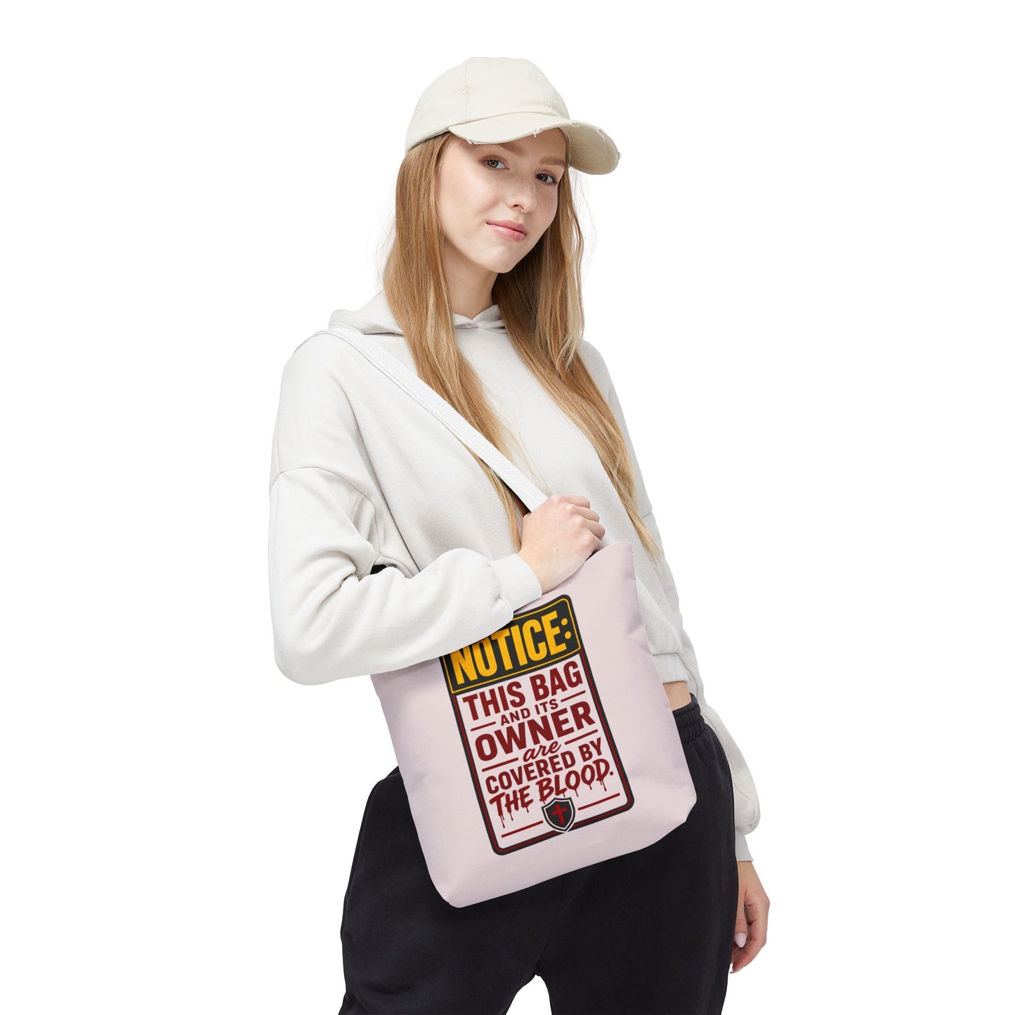 Tote Bag — "NOTICE: This Bag and Its Owner Are Covered by the Blood" Christian Faith Tote - ClaimedbyGodDesigns