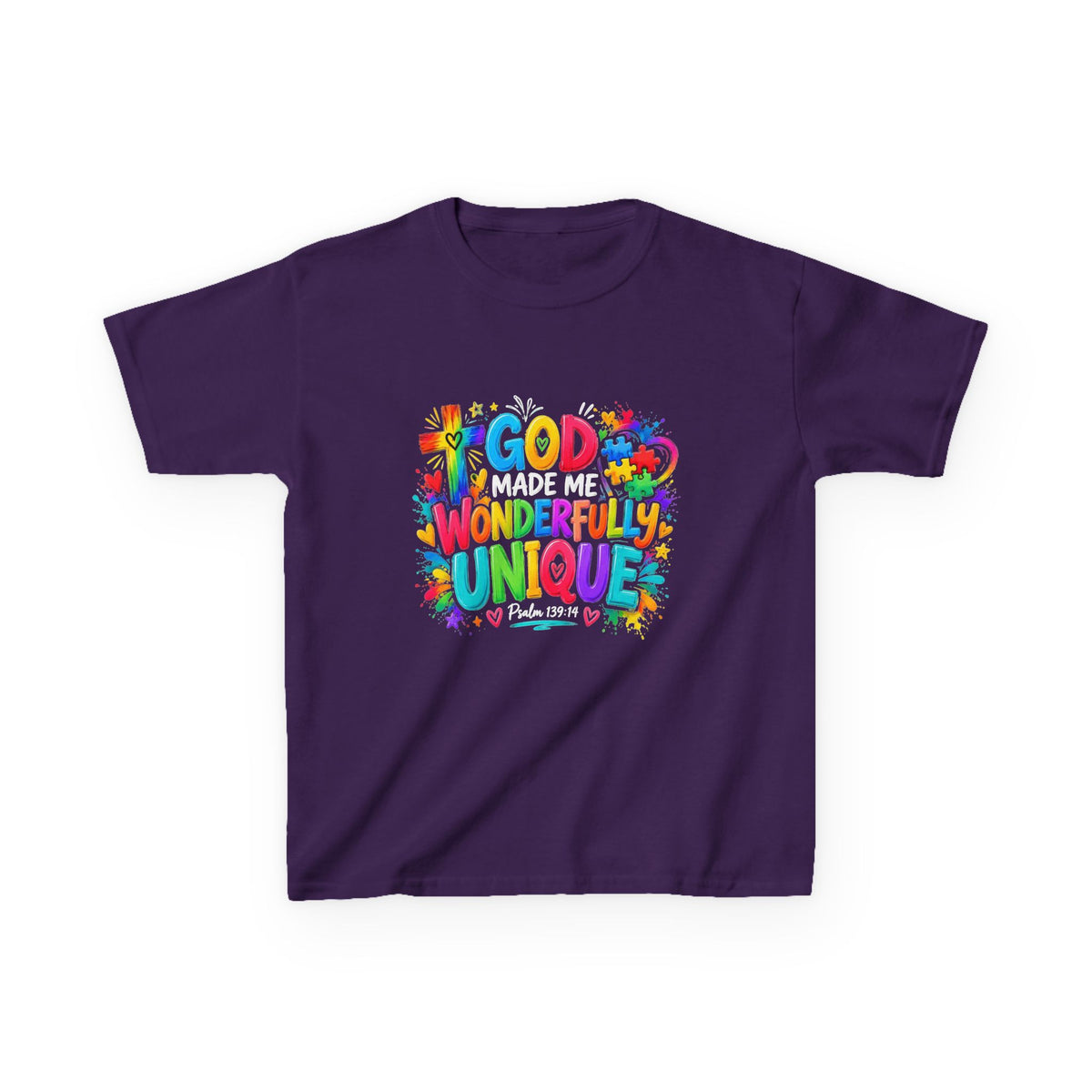 Youth Autism Awareness T-Shirt — "God Made Me Wonderfully Unique" Colorful Faith Tee