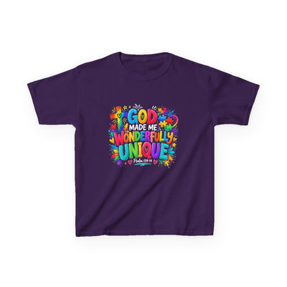 Youth Autism Awareness T-Shirt — "God Made Me Wonderfully Unique" Colorful Faith Tee