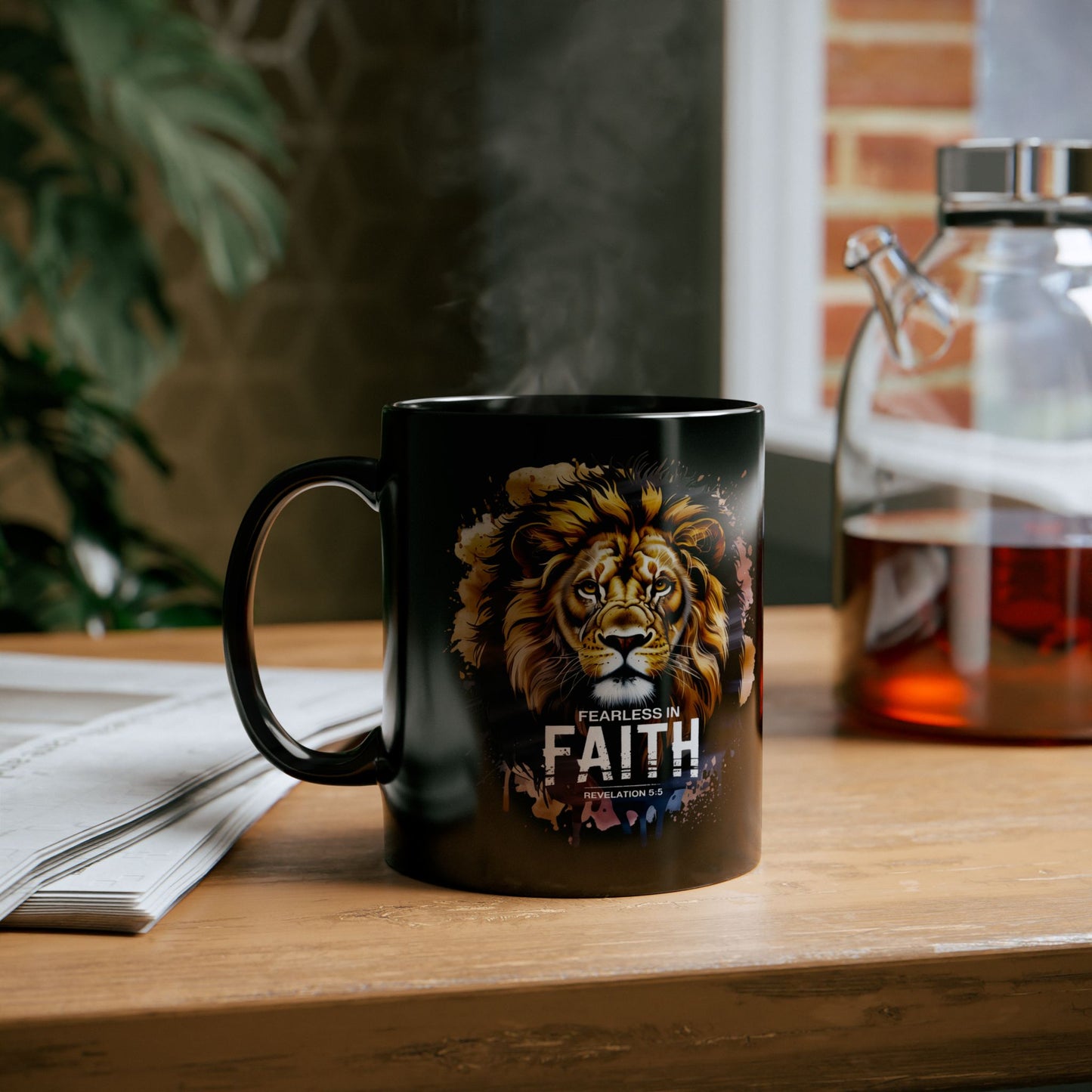 Fearless in Faith Lion Black Ceramic Mug - 11oz & 15oz - Inspirational Ceramic Coffee Cup