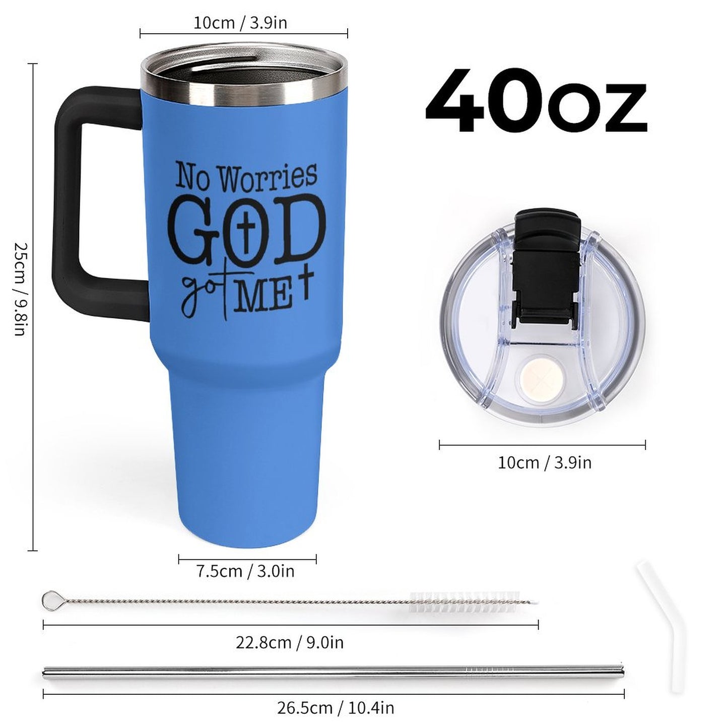 No Worries God Got Me 40oz Insulated Christian Tumbler with Handle and Straw