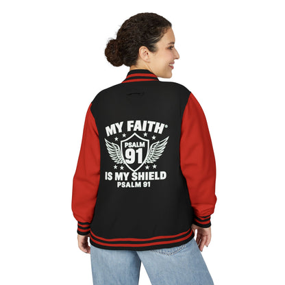 Letterman Jacket — “My Faith Is My Shield” 91 Vintage Varsity Jacket - ClaimedbyGodDesigns