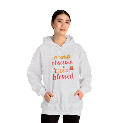 Pumpkin Obsessed And Blessed by Him Halloween Unisex Christian Pullover Hooded Sweatshirt
