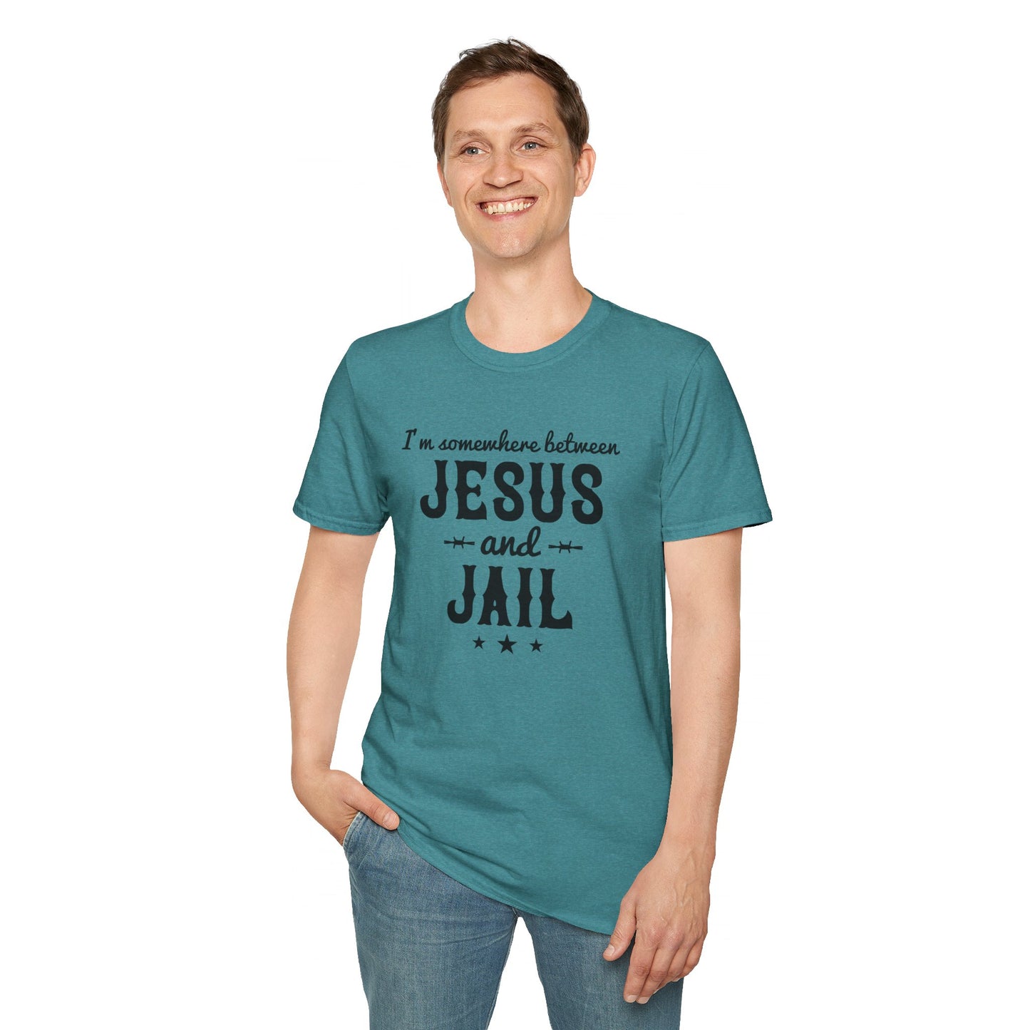 I'm Somewhere Between Jesus And Jail Funny Unisex Christian T-shirt