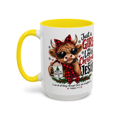 Just a Girl Who Loves Christmas and Jesus Highland Cow Coffee Mug