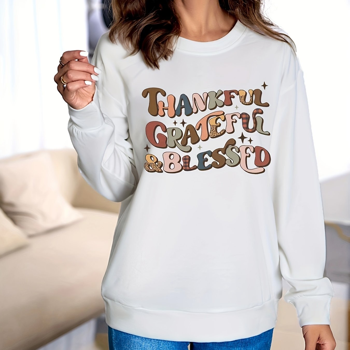 Thankful Grateful Blessed (thanksgiving themed) Women's Christian Pullover Sweatshirt claimedbygoddesigns