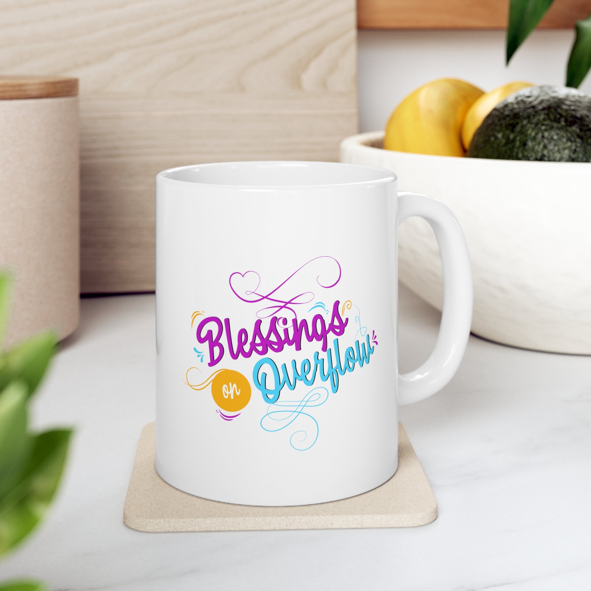 Blessings on Overflow Christian White Ceramic Mug 11oz (double sided print) Printify