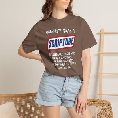 Scripture Snack T-Shirt — "Hungry? Grab a Scripture" Matthew 5:6 Christian Tee