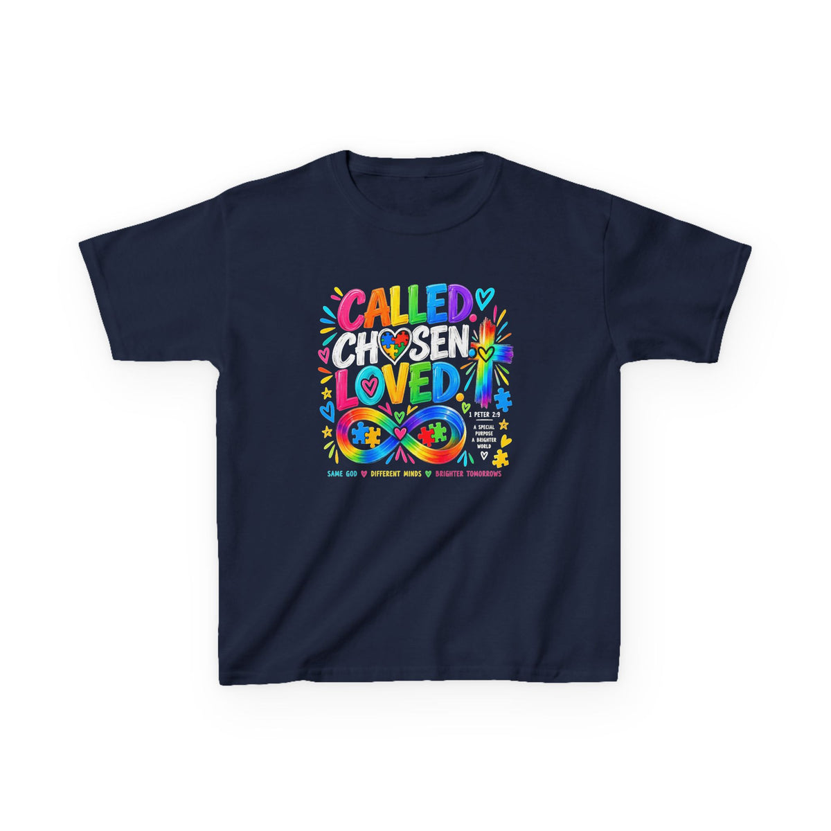 Youth Autism Awareness T-Shirt — "Called Chosen Loved" Colorful Faith Tee