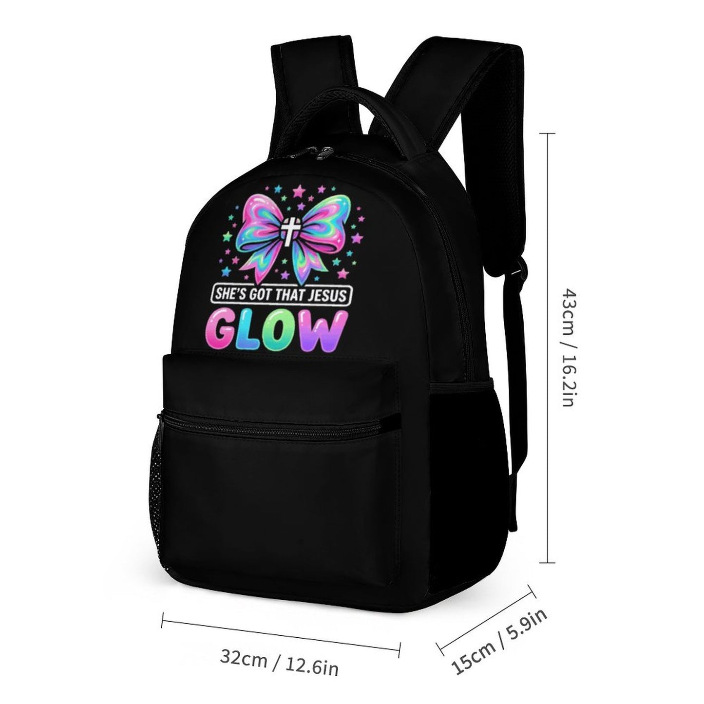She's Got That Jesus Glow Christian 3 Pcs School Backpack Set for Kids (Backpack, Kid's Insulated Lunch Bag & Pencil Case Organizer)